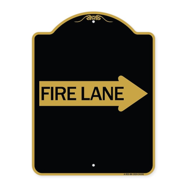 Designer Series Sign-Fire Lane Right Arrow, Black & Gold Aluminum Sign, 18" x 24", BG-1824-24391